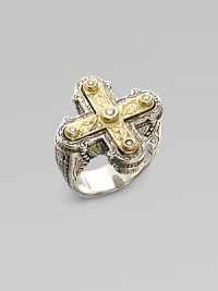 Brilliant diamonds and radiant 18k gold cross inset in beautifully detailed sterling silver. Sterling silver18k goldDiamonds, .09 tcwWidth, about 1Imported 