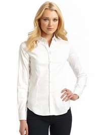 THE LOOKA shapely classic in a silky stretch cotton blendScaled-down spread collarLong sleeves with button cuffsButton front placketFront and back darts for gentle shapingBack yokeTHE FITAbout 23 from shoulder to hemTHE MATERIAL78% cotton/18% nylon/4% elastaneCARE & ORIGINHand washImportedModel shown is 5'9½ (176cm) wearing US size Small.