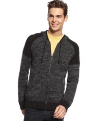 Sporty yet sleek, this Bar III hooded sweater is a stylish way to go casual.