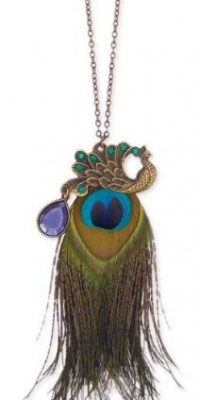 ZAD Unique Vintage Gold Peacock with Peacock Feather LONG Fashion Necklace Antique Gold Finish