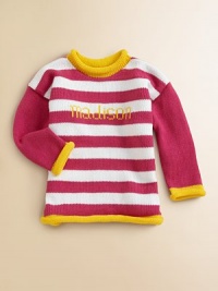 Stripes lend whimsy to this beautifully crafted pure cotton sweater perfect for girls and boys alike. A rolled neckline, hem and cuffs add small touches of contrast color. Rolled detailCottonMachine washMade in USAFOR PERSONALIZATION Select a quantity, then scroll down and click on PERSONALIZE & ADD TO BAG to choose and preview your personalization options. Please allow 4-6 weeks for delivery. 