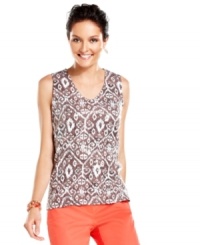 A striking ikat print is glammed up with clear sequins in this Charter Club tank top. Take it from day to night with slim, colorful pants and nude pumps!