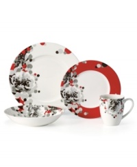 Shades of gray rain down on Floral Confetti dinnerware in a fresh, spot-on pattern from Mikasa's collection of place settings. Bright red accents and a glossy finish make the already-bold graphic pop against modern shapes. In easy-care porcelain for effortless everyday style. (Clearance)