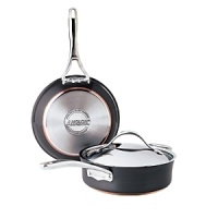 This Nouvelle cookware collection from Anolon features hard-anodized construction in a versatile, elegant shape for perfectly even heating and exceptional cooking performance. Each piece is designed with a double full cap base with a copper core for optimum heat control, and two layers of ultradurable aluminum. A magnetized stainless-steel base makes the cookware suitable for all stovetops, including induction. Restaurant-tested Autograph® 2 nonstick interiors ensure easy, clean release, and cast stainless-steel handles secured with sturdy dual rivets make each piece easy to maneuver and transport.