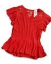 GUESS Kids Girls Little Girl Flutter-Sleeve Tee, RED (5/6)