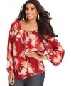 Show off your bohemian flair this season with Lucky Brand Jeans' printed plus size peasant top.