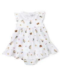 A charming allover bear print lends sweet style to a prettily ruffled dress in light-as-air cotton jersey.