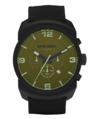 Rough up your reputation with this rugged watch by Diesel. Black canvas strap and round black ion-plated stainless steel case, 57x47mm. Green chronograph dial features numerals at twelve, three, six and nine o'clock, stick indices, date window, three subdials, luminous hands and logo. Quartz movement. Water resistant to 50 meters. Two-year limited warranty.