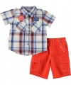 GUESS Kids Boys Plaid Shirt & Pull-On Short Set (12 , PLAID (18M)