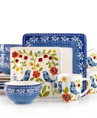 The blue trellis and bird designs of Laurie Gates' Petra dinnerware set lend garden-fresh charm to the casual table. Hardy earthenware appeals in bold silhouettes boasting dishwasher-safe durability.