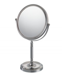 Up close and personal has never looked so good! Featuring brushed metal with traditional details, along with 10x magnifying power, this recessed base vanity mirror is a must for your bath or boudoir.