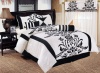 Chezmoi Collection 7-Piece White with Black Floral Flocking Comforter Set Bed-in-a-Bag for Queen Size Bedding, 90 by 92-Inch