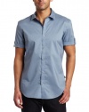 Calvin Klein Sportswear Men's Short Sleeve Roll Up Printed Poplin Woven Shirt, Blue Illusion, Medium