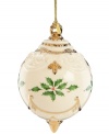 A beautiful addition to the beloved Lenox Holiday collection, this 2012 ball ornament bears the classic holly motif as well as elegant gold and sculpted accents in ivory porcelain. With 2012 hangtag.