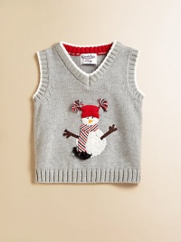 A classic v-neck sweater vest is crafted in plush cotton and adorned with a festive snowman.V-neckSleevelessPullover styleCottonMachine washImported