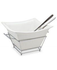 Set a smarter table with the versatile Piazza salad bowl from Godinger. Sleek porcelain in a handled rack offers a look that's truly timeless and designed with the host in mind.