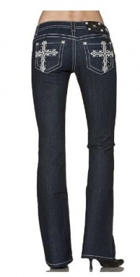 Miss Me Womens Western Leather Cross Rhinestone Bling Embellished Dark Wash Boot Cut Jeans 34 Inseam