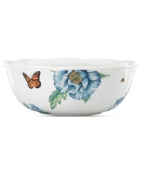 Now in bloom. The Butterfly Meadow Blue serving bowl from Lenox features the sturdy, scalloped porcelain of original Butterfly Meadow dinnerware but with oversized peonies and other new blossoms in shades of blue.