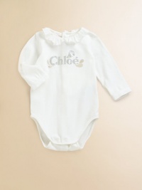 Featuring a dazzling Chloe logo, this soft cotton one-piece has a touch of stretch so it will move with her.Ruffle necklineLong sleevesBack and bottom snap closure94% cotton/6% elastaneMachine washImportedAdditional InformationKid's Apparel Size Guide 