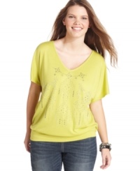 Get your shine on with Eyeshadow's short sleeve plus size top, accented by a studded front.