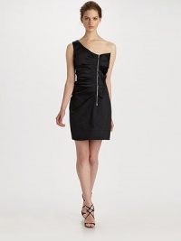 This standout piece captures the essence of modern edge with its asymmetrical shape, exposed front zipper, stylish pleats and ruffles.Asymmetrical neckline Pleated front with side ruffles Exposed front zipper Side zipper Fully lined About 32 from shoulder to hem 78% acetate/19% nylon/3% spandex Dry clean Imported