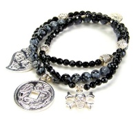 Good Charma 3 Silver Onyx Obsidian Charm Stretch Bracelets Black Set Sterling