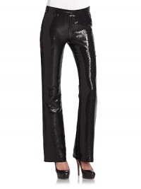 THE LOOKAllover sequin embellishmentInvisible side zip with hook-and-eye closureAngled pockets at waistFlared silhouetteTHE FITRise, about 9Inseam, about 33½THE MATERIALPolyesterFully linedCARE & ORIGINDry cleanImported