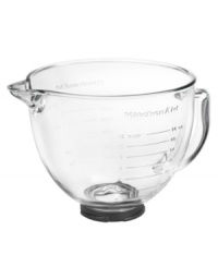 This glass bowl lets you keep an eye on your ingredients as your KitchenAid tilt-head stand mixer goes to work. Features include a comfort handle, pour spout and lid, plus well-defined measuring lines for effortless precision. One-year warranty. Model K5GB.