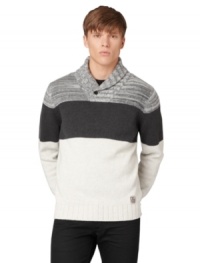 A classy shawl collar and a multi-color design give this Calvin Klein Jeans sweater its handsome style.