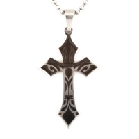 Stainless Steel Men's Black Enamel Tribal Design Cross Necklace on 22 Inch Ball Chain