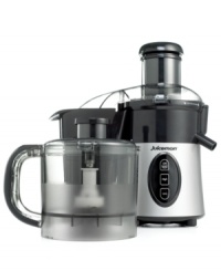 Start adding fresh fruit and vegetables to your diet and gain energy the natural way. it's easy with this combo food processor and juicer. It comes complete with a wide mouth, 3 feed chute that means less cutting and faster juicing. Attachments for processing, chopping and grinding make this a versatile, all-in-one kitchen tool. Two-year warranty. Model JM1000M.