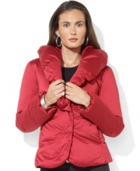 Laurel Ralph Lauren's lustrous quilted satin coat is finished with a dramatic shawl collar for added glamour.