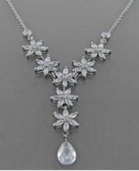 Charter Club Silver Tone Flower with Teardrop Crystal Y- Necklace