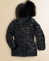 This sleek nylon puffer with fabulous fur trim will surely keep out the chills.Snap-off hood with fur trimStand collarQuilted alloverConcealed zip and snap frontLong sleeves with rib-knit cuffsFront slash and flap pocketsBelted waistFully linedShell: polyamideFill: goose downTrim: dyed Asiatic raccoon furDry cleanImportedFur origin: Finland Please note: Number of snaps may vary depending on size ordered. 