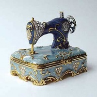 Blue Sewing Machine Figurine Needle Box Swarovski Crystals 24K Gold Trinket FIGURINE