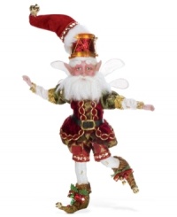 Dancing to the beat of his own drum, the Christmas Shopping fairy by Mark Roberts wears a coat, shorts and boots that sparkle in regal shades of the season. Wiggle his flexible arms and legs in a holiday jig or sit him on the mantel.