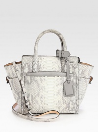 A sculptural design in ultra-luxurious python with leather accents. Double top handles, 4¼ dropDetachable adjustable shoulder strap, 21-22¼ dropTop zip closureFour outside open pocketsOne detachable zip pouchOne inside zip pocketTwo inside open pocketsCotton lining9¾W X 9½H X 4¾DImported