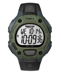 From kickball to triathlons, the digital Ironman watch by Timex performs at all levels. Black resin strap and round military green resin case. Positive display digital dial features time, day, date, chronograph, alarm, timer and 30-lap memory. Quartz movement. Water resistant to 100 meters. One-year limited warranty.