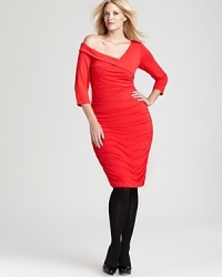 Set your cocktail style afire in this Melissa Masse Plus dress emboldened by allover ruching for a flawless, feminine silhouette. A chic asymmetric neckline infuses the style with modern sophistication.