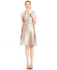 Anne Klein makes a belted A-line party-ready with a shimmering, textured metallic finish.