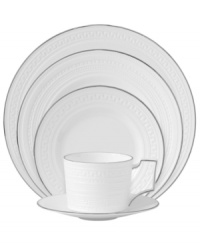 Wedgwood substitutes texture for tone in the exquisite Intaglio Platinum place settings. White bone china embossed with intricate geometric patterns is undeniably modern but inspired by Georgian-era designs.