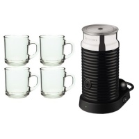 Nespresso 3194BK Aeroccino 3 Automatic Milk Frother Steamer Black + 4 Pieces10 oz. ARC Handy Glass Coffe Mug