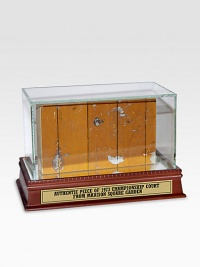 This is an actual game-used piece of championship court from the 1973 season at Madison Square Garden. The Knicks won the Finals, ousting the Lakers 4-1 with a team that featured 8 future Hall of Famers. Arrives in a glass/wood display case Engraved gold nameplate Includes a MSG hologram of authenticity 8 wide Made in USA 