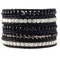 Chan Luu Cream Pearl Mix Wrap Bracelet on Black Leather