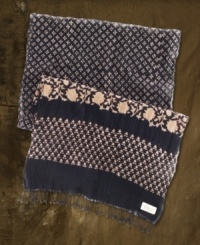 This airy open-worked cotton scarf adds cool contrast to any look with its rugged foliage block print and fringed ends.