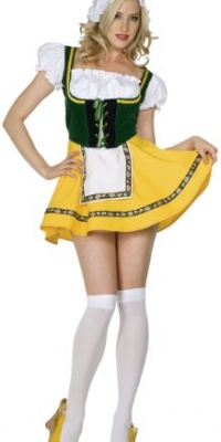 Beer Garden Girl Lace Up Corset Dress, Yellow Skirt, White Apron, Zip Back