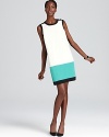 Shoshanna charms with this color blocked shift dress, exuding a mod 60s look with a fresh sensibility.