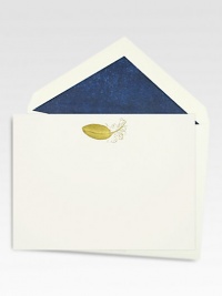 A hand-engraved, gold metallic feather motif adorns these luxe 2-ply vellum stock notecards, which are accompanied by tissue-lined envelopes.Set of 10About 4 X 5.5Hand-engravedMade in USA