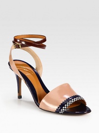 Exquisite tailoring defines this multicolored patent leather design, with a wrap-around ankle strap and checkered trim. Stacked heel, 3¼ (80mm)Patent leather upperAdjustable wrap-around ankle strapLeather lining and solePadded insoleMade in Italy