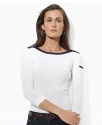 Lauren Jeans Co.'s cotton jersey top is infused with nautical inspiration, rendered with a contrasting bateau neckline and chic buttons at the shoulders.